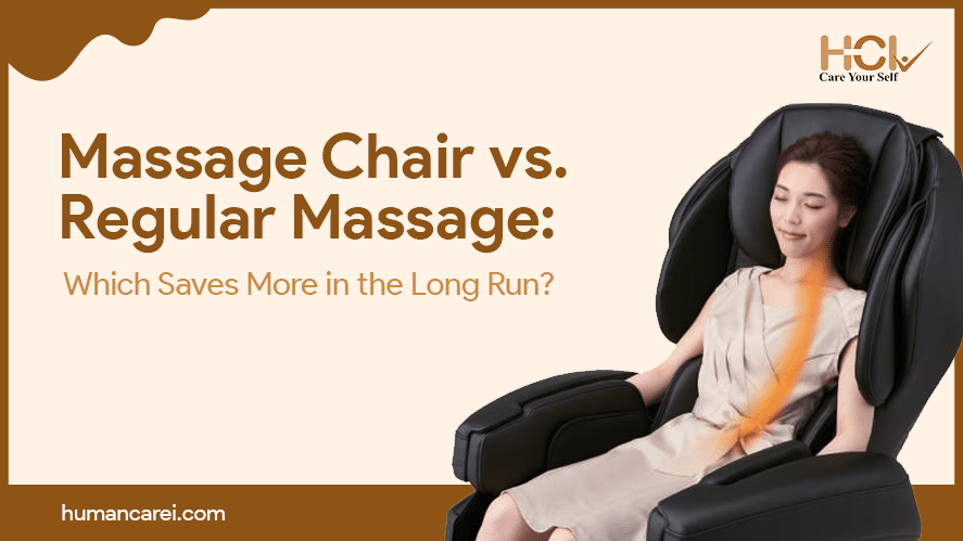 Woman relaxing in a massage chair – benefits of using massage chairs help with massage chair vs regular massage for cost savings and long-term wellness.